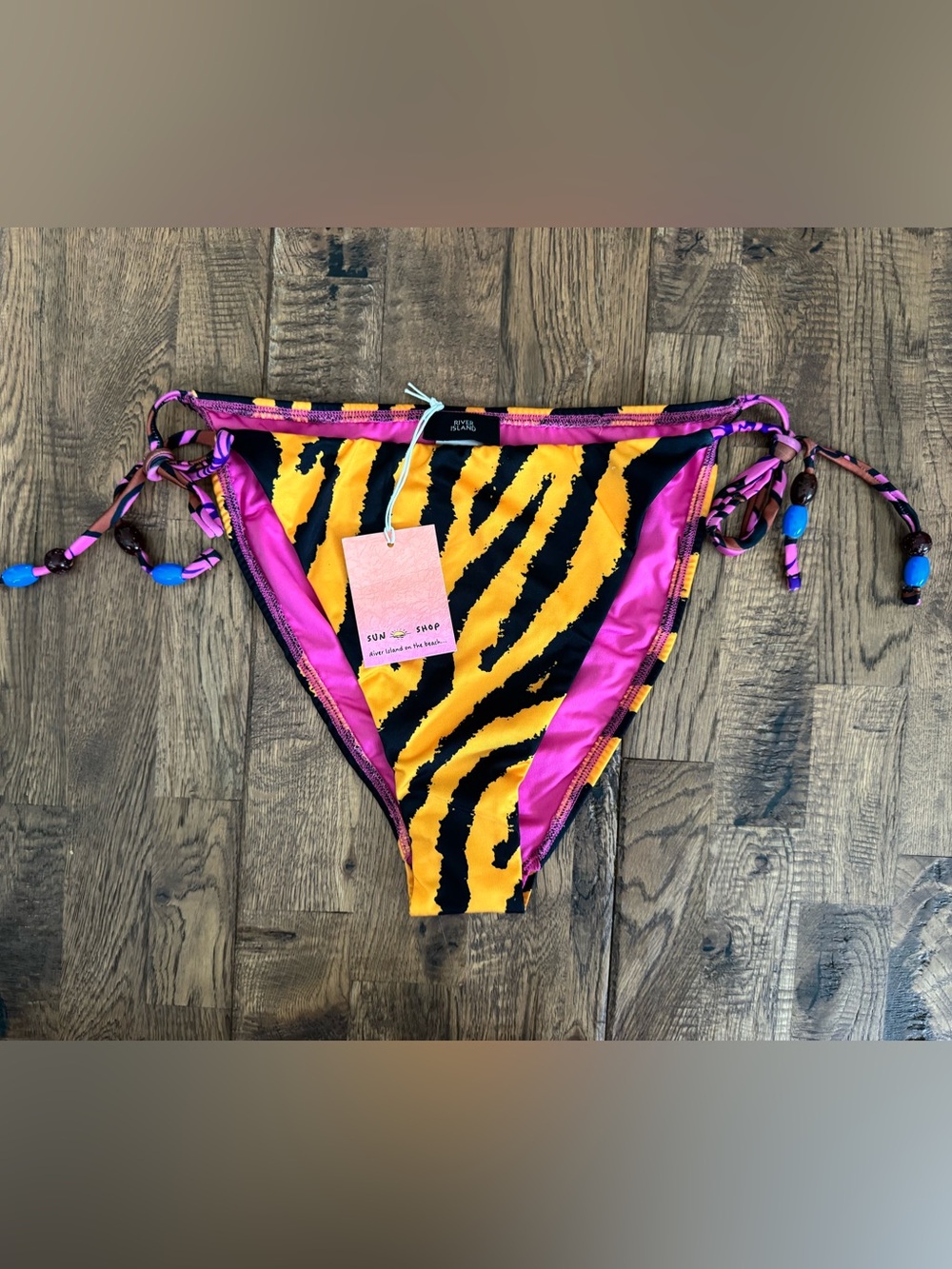 NWT‎ River Island Bikini Bottom Tiger Print Tie Sides Beads Size 12 O